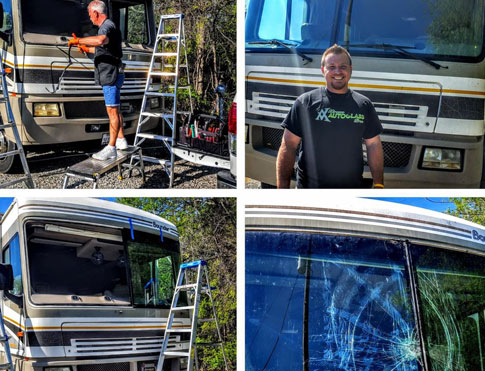 Rick replacing the smashed windshield on a motorhome
